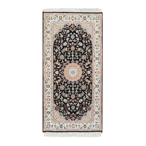 2'6"x4'9" Midnight Blue, Nain with Center Medallion Flower Design, 250 KPSI, Hand Knotted, Pure Wool Oriental Rug FWR392316