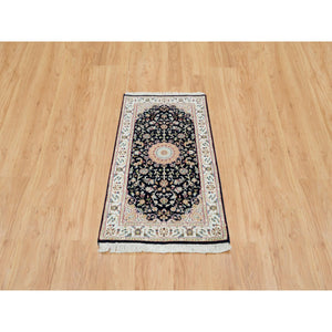 2'6"x4'9" Midnight Blue, Nain with Center Medallion Flower Design, 250 KPSI, Hand Knotted, Pure Wool Oriental Rug FWR392316