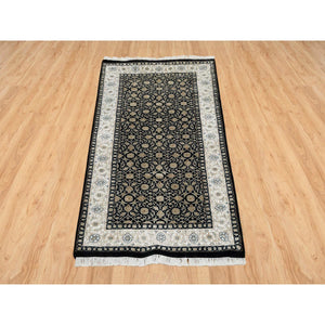 3'x5'3" Eerie Black, Super Fine Weave Natural Wool, Hand Knotted Herati with All Over Fish Mahi Design, 250 KPSI, Oriental Rug FWR392472