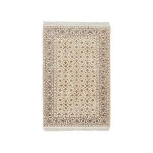 3'x5' Ivory, Soft Wool Hand Knotted, Herati with All Over Fish Mahi Design, 250 KPSI Densely Woven, Oriental Rug FWR392478