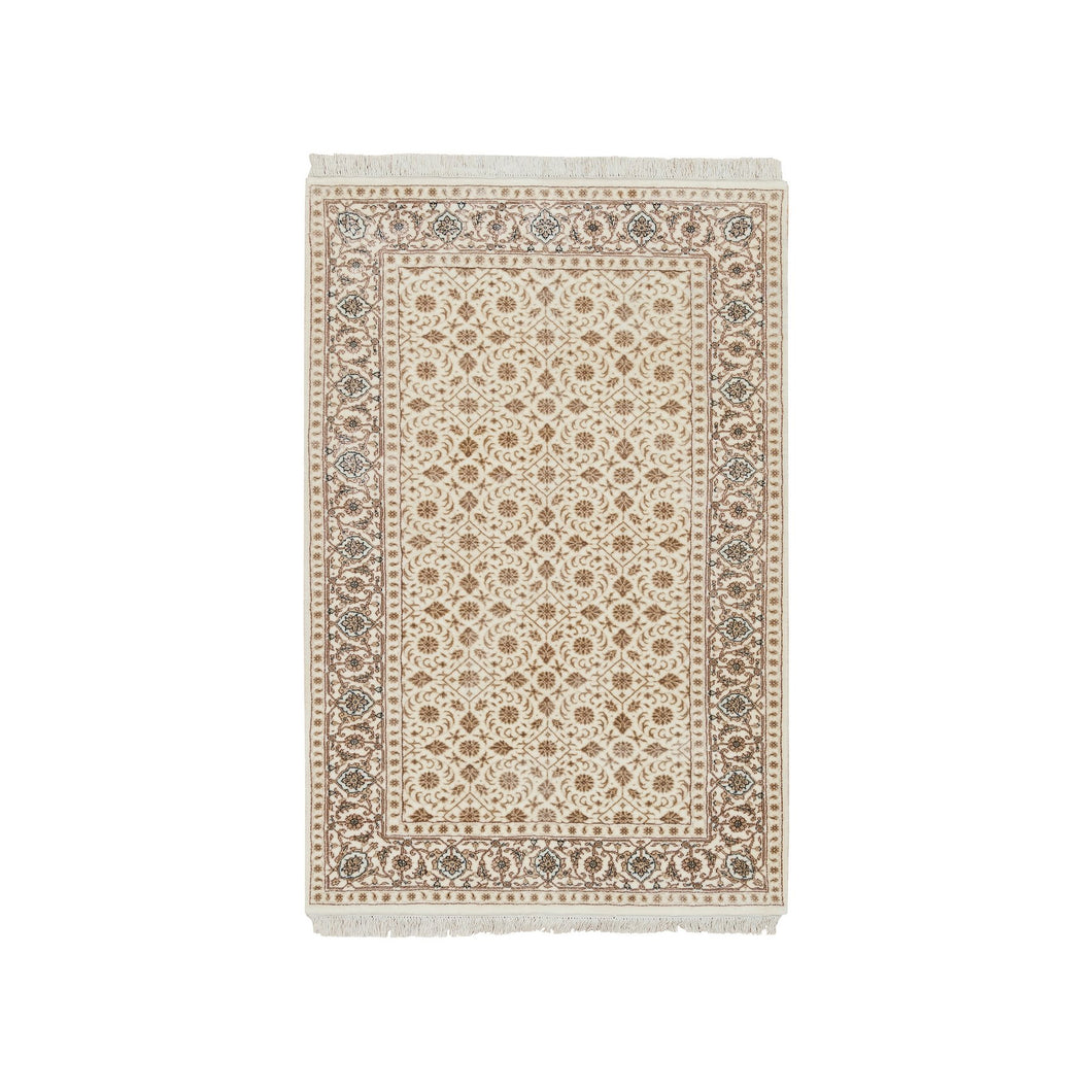 3'x5' Ivory, Soft Wool Hand Knotted, Herati with All Over Fish Mahi Design, 250 KPSI Densely Woven, Oriental Rug FWR392478