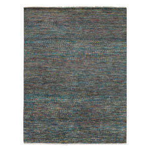 8'x10'2" Colorful, Modern Striae Design Soft Pile, Wool and Sari Silk Hand Knotted, Oriental Rug FWR392490