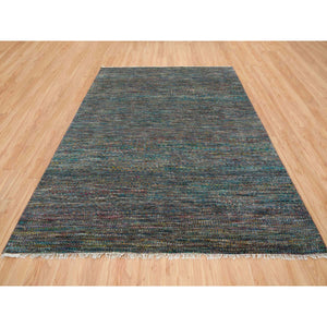 8'x10'2" Colorful, Modern Striae Design Soft Pile, Wool and Sari Silk Hand Knotted, Oriental Rug FWR392490