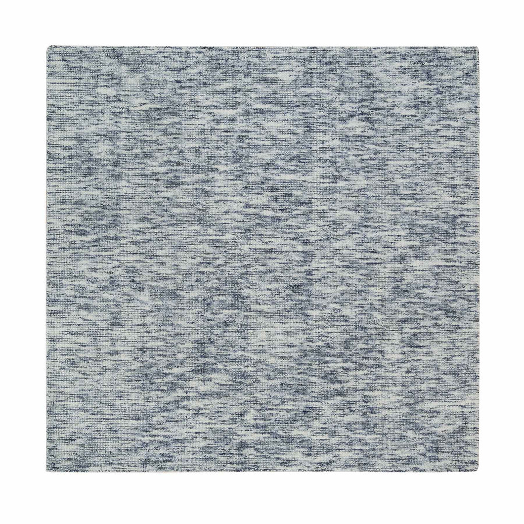 6'x6' Blue and Ivory, Modern Striae Design Soft Pile, Pure Wool Hand Loomed, Square Oriental Rug FWR392628