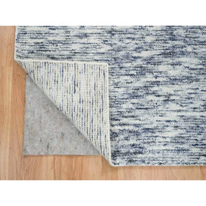 6'x6' Blue and Ivory, Modern Striae Design Soft Pile, Pure Wool Hand Loomed, Square Oriental Rug FWR392628