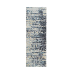 2'6"x7'9" Blue and Gray, Modern Abstract with Mosaic Design, Wool and Silk Hand Knotted, Runner Oriental Rug FWR392700