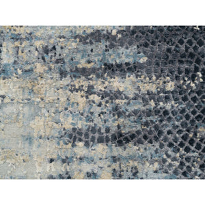 2'6"x7'9" Blue and Gray, Modern Abstract with Mosaic Design, Wool and Silk Hand Knotted, Runner Oriental Rug FWR392700