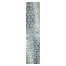 Load image into Gallery viewer, 2&#39;7&quot;x12&#39; Gray and Blue, Hand Knotted Wool and Silk, THE HONEYCOMB Award Winning Design, Runner Oriental Rug FWR392748