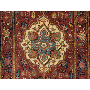 2'6"x10'1" Terracotta Red, Hand Knotted, Antiqued Fine Heriz Re-Creation, Densely Woven, Natural Dyes, Soft Wool, Runner Oriental Rug FWR392796
