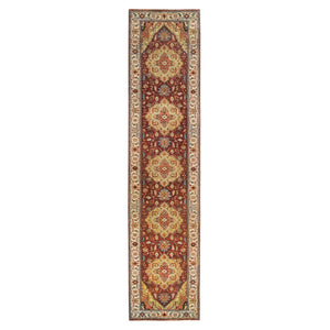 2'7"x12' Terracotta Red, Antiqued Fine Heriz Re-Creation, Natural Dyes Dense Weave, Organic Wool Hand Knotted, Runner Oriental Rug FWR392856