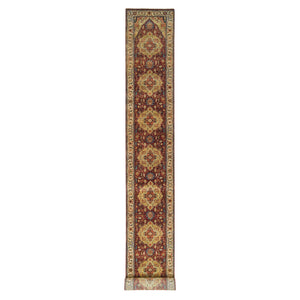 2'7"x22' Terracotta Red, Hand Knotted Antiqued Fine Heriz Re-Creation, Natural Dyes Dense Weave, Extra Soft Wool, XL Runner Oriental Rug FWR392976