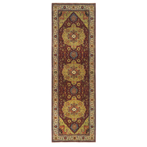 3'10"x12'1" Terracotta Red, Pure Wool Hand Knotted, Antiqued Fine Heriz Re-Creation, Natural Dyes Densely Woven, Wide Runner Oriental Rug FWR392994