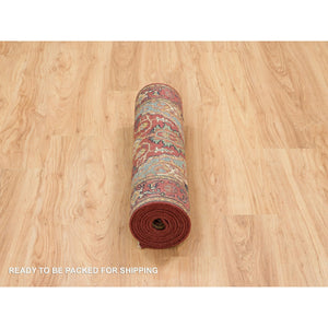 2'7"x10' Terracotta Red, Hand Knotted, Antiqued Fine Heriz Re-Creation, Densely Woven, Natural Dyes, Extra Soft Wool, Runner Oriental Rug FWR393018