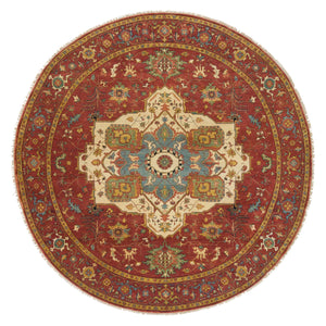 10'x10' Terracotta Red, Hand Knotted, Antiqued Fine Heriz Re-Creation, Dense Weave, Natural Dyes, 100% Wool, Round Oriental Rug FWR393078