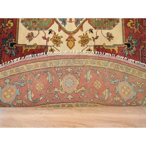 10'x10' Terracotta Red, Hand Knotted, Antiqued Fine Heriz Re-Creation, Dense Weave, Natural Dyes, 100% Wool, Round Oriental Rug FWR393078