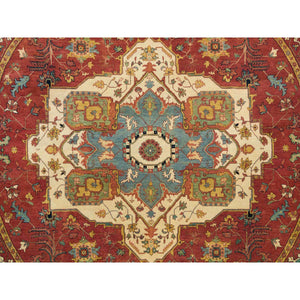 10'x10' Terracotta Red, Hand Knotted, Antiqued Fine Heriz Re-Creation, Dense Weave, Natural Dyes, 100% Wool, Round Oriental Rug FWR393078