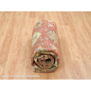 10'x10' Terracotta Red, Hand Knotted, Antiqued Fine Heriz Re-Creation, Dense Weave, Natural Dyes, 100% Wool, Round Oriental Rug FWR393078