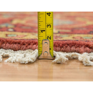 10'x10' Terracotta Red, Hand Knotted, Antiqued Fine Heriz Re-Creation, Dense Weave, Natural Dyes, 100% Wool, Round Oriental Rug FWR393078