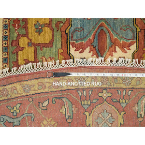 10'x10' Terracotta Red, Hand Knotted, Antiqued Fine Heriz Re-Creation, Dense Weave, Natural Dyes, 100% Wool, Round Oriental Rug FWR393078