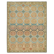 Load image into Gallery viewer, 9&#39;1&quot;x12&#39;1&quot; Turquoise/Brown, Hand Knotted Pure Wool, Caucasian Gul Motifs with a Distinct Abrash, Natural Dyes Oriental Rug FWR393258