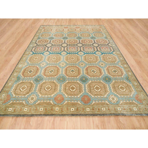 9'1"x12'1" Turquoise/Brown, Hand Knotted Pure Wool, Caucasian Gul Motifs with a Distinct Abrash, Natural Dyes Oriental Rug FWR393258