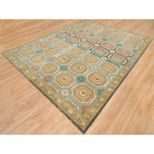 Load image into Gallery viewer, 9&#39;1&quot;x12&#39;1&quot; Turquoise/Brown, Hand Knotted Pure Wool, Caucasian Gul Motifs with a Distinct Abrash, Natural Dyes Oriental Rug FWR393258