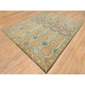 9'1"x12'1" Turquoise/Brown, Hand Knotted Pure Wool, Caucasian Gul Motifs with a Distinct Abrash, Natural Dyes Oriental Rug FWR393258