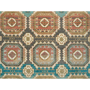 9'1"x12'1" Turquoise/Brown, Hand Knotted Pure Wool, Caucasian Gul Motifs with a Distinct Abrash, Natural Dyes Oriental Rug FWR393258