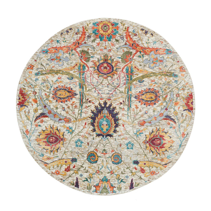 5'x5' Tan,Sickle Leaf Design,Hand Knotted Silk With Textured Wool ,Round Oriental Rug FWR393294