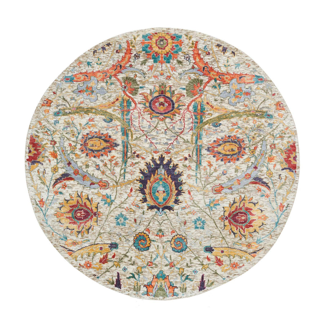 5'x5' Tan,Sickle Leaf Design,Hand Knotted Silk With Textured Wool ,Round Oriental Rug FWR393294