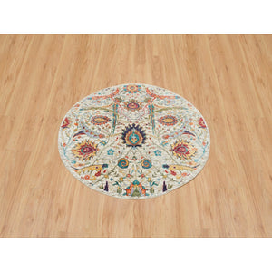 5'x5' Tan,Sickle Leaf Design,Hand Knotted Silk With Textured Wool ,Round Oriental Rug FWR393294