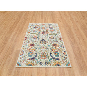 5'2"x7'4" Tan,Hand Knotted Sickle Leaf Design, Silk with Textured Wool Oriental Rug FWR393300