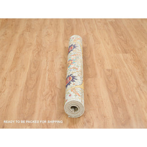 5'2"x7'4" Tan,Hand Knotted Sickle Leaf Design, Silk with Textured Wool Oriental Rug FWR393300