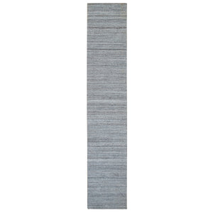 2'7"x14' Arsenic Gray, Pure Wool Thick and Plush, Hand Loomed, Modern Striae Design, Tone on tone, Runner Oriental Rug FWR393342