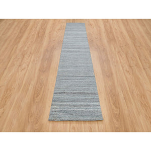 2'7"x14' Arsenic Gray, Pure Wool Thick and Plush, Hand Loomed, Modern Striae Design, Tone on tone, Runner Oriental Rug FWR393342