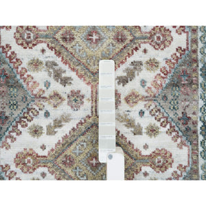 2'7"x9'9" Ivory, Natural Wool, Shiraz Reimagined Unique Flower Rosettes Border Design, Runner, Hand Knotted, Sustainable Oriental Rug FWR393444