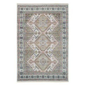 6'1"x9' Ivory, Shiraz Reimagined Unique Flower Rosettes Border Design, Thick and Plush Soft Pile, Natural Wool, Hand Knotted, Tone on Tone, Sustainable Oriental Rug FWR393462