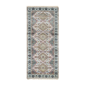 2'8"x6' Ivory, Organic Wool Hand Knotted, Shiraz Reimagined, Thick and Lush Soft Pile, Unique Flower Rosettes Border Design, Runner Sustainable Oriental Rug FWR393606