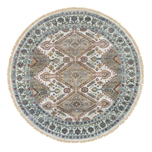 5'x5' Ivory, Pure Wool Hand Knotted, Shiraz Reimagined, Thick and Lush, Unique Flower Rosettes Border Design, Round Sustainable Oriental Rug FWR393696
