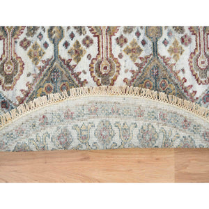 5'x5' Ivory, Pure Wool Hand Knotted, Shiraz Reimagined, Thick and Lush, Unique Flower Rosettes Border Design, Round Sustainable Oriental Rug FWR393696