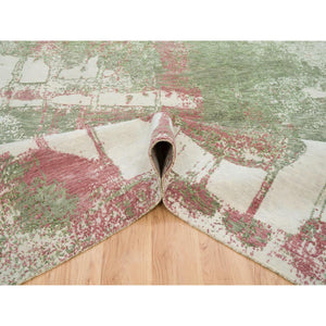 9'x11'10" Spring Green, All Wool, Thick and Plush, Tone on Tone, Hand Knotted, Pastel Colors Dripping Clouds Design, Modern Rug FWR393738
