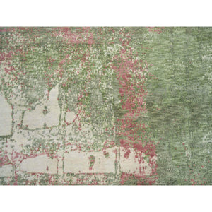 9'x11'10" Spring Green, All Wool, Thick and Plush, Tone on Tone, Hand Knotted, Pastel Colors Dripping Clouds Design, Modern Rug FWR393738