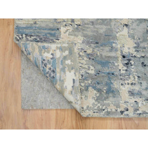 10'1"x10'1" Blue and Gray, Dense Weave, Soft Pile, Hand Knotted, Modern Abstract with Mosaic Design, Wool and Silk, Square Oriental Rug FWR393792