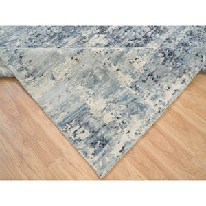 10'1"x10'1" Blue and Gray, Dense Weave, Soft Pile, Hand Knotted, Modern Abstract with Mosaic Design, Wool and Silk, Square Oriental Rug FWR393792