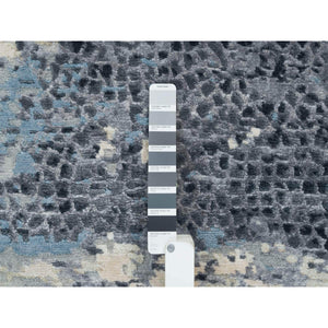 10'1"x10'1" Blue and Gray, Dense Weave, Soft Pile, Hand Knotted, Modern Abstract with Mosaic Design, Wool and Silk, Square Oriental Rug FWR393792
