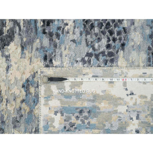 10'1"x10'1" Blue and Gray, Dense Weave, Soft Pile, Hand Knotted, Modern Abstract with Mosaic Design, Wool and Silk, Square Oriental Rug FWR393792