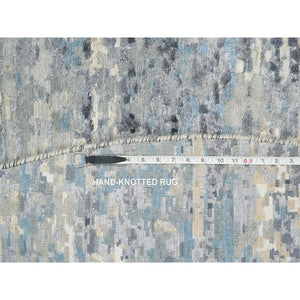 11'6"x11'6" Blue and Gray, Natural Dyes, Tone on Tone, Modern Abstract with Mosaic Design, Wool and Silk Hand Knotted, Dense Weave, Round Oriental Rug FWR393810
