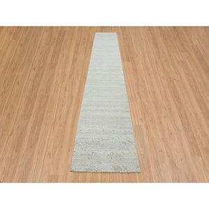 2'6"x16' Ivory and Light Grey, Hand Spun Undyed Natural Wool, Modern Design, Hand Knotted, XL Runner Oriental Rug FWR393864