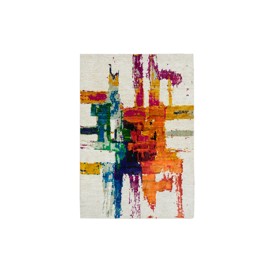 2'x3' Colorful, Modern Design Abstract Motifs with Painter's Brush Strokes, Hand Knotted, Wool and Sari Silk, Oriental Rug FWR394008