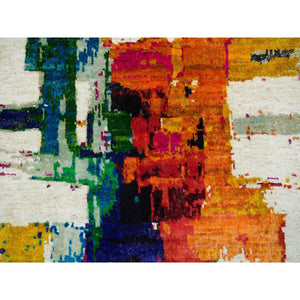 2'x3' Colorful, Modern Design Abstract Motifs with Painter's Brush Strokes, Hand Knotted, Wool and Sari Silk, Oriental Rug FWR394008